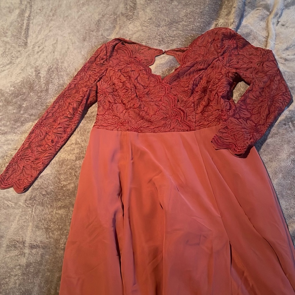 Long Cinnamon Dress with Lace Upper, Open Back and Slit